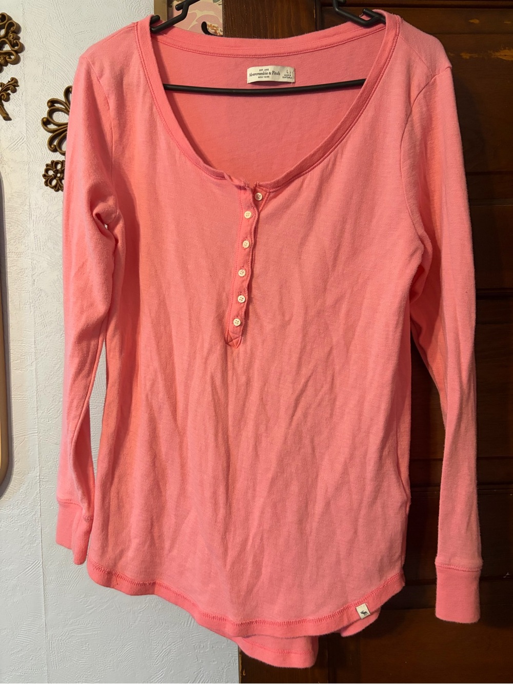 Abercrombie & Fitch Coral Pink Long-Sleeve Henley Top